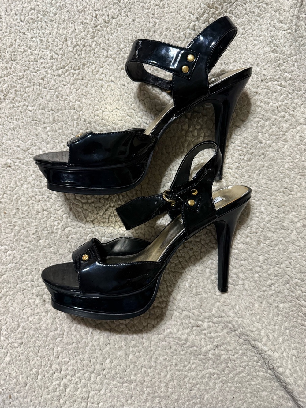 Steve Madden Black Patent Platform Slingback Sandals with Gold Accents